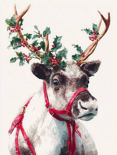 Renne de Noël avec rênes rouges et branches de houx dans les bois sur fond clair