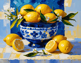 Citrons méditerranéens dans un bol bleu de Delft sur Stefan Vermeer
