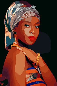 Afrikanische Frau mit Kopftuch auf schwarzem Hintergrund von The Art Kroep