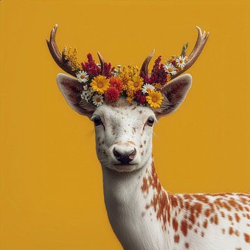 Deer in Bloom on Yellow Background #2