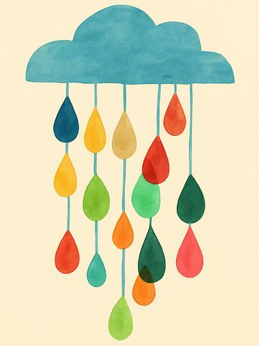 Kleurrijke Regendruppel Wolk Kunstdruk | Grillig aquarelschilderij van een blauwe wolk met een waterval van veelkleurige regendruppels