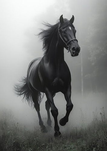 Sierlijke hengst oprijzend uit de mist
