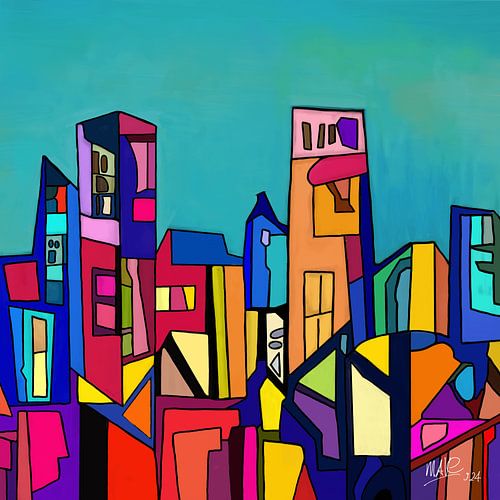 Abstract modern schilderij van een skyline van een stad