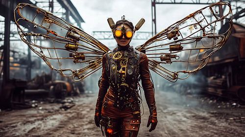 Cosplayer met mechanische vleugels