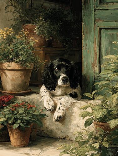 Engelse cocker spaniel bij de tuindeur