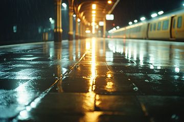 Regenachtig treinstation bij nacht van Art & Soul Creations
