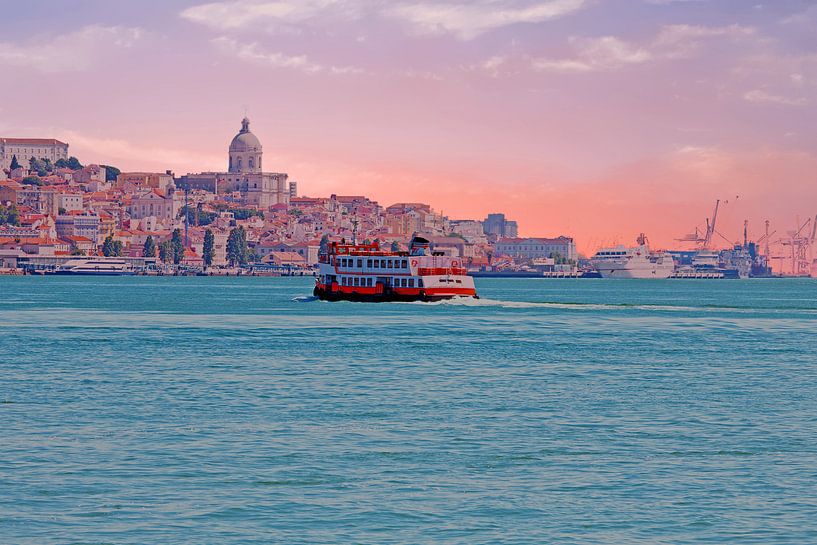 Ferry sails over the Tagus River at sunset in Portugal. by Eye on You