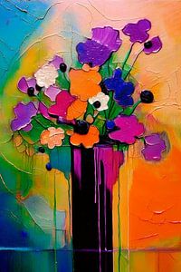 Modern Abstract Stilleven. Vaas met bloemen in neon kleuren