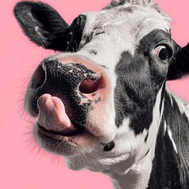 Speelse zwart-witte koe steekt tong uit tegen roze achtergrond in moderne popartstijl van But First Framing