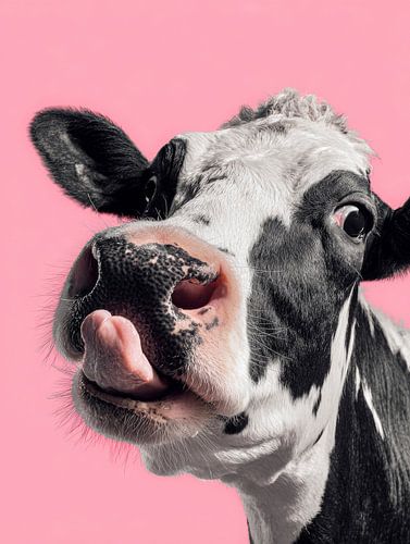 Playful black-and-white cow sticks out tongue against pink background in modern pop art style