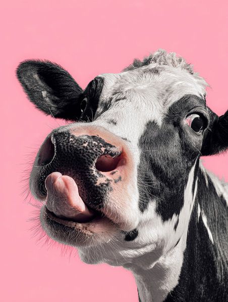 Playful black-and-white cow sticks out tongue against pink background in modern pop art style by But First Framing