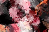 Modern, Abstract Digitaal Waterverf Kunstwerk in Zwart Rood Oranje Wit