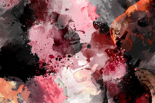 Modern, Abstract Digitaal Waterverf Kunstwerk in Zwart Rood Oranje Wit