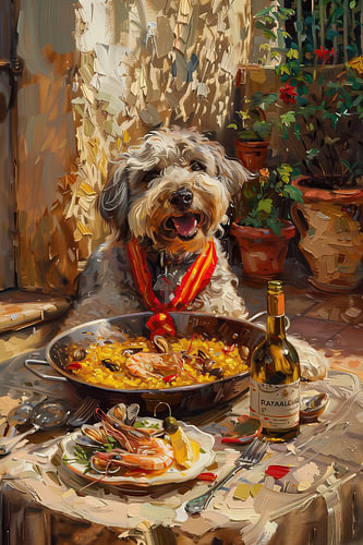 Catalaanse herdershond met paella in Valencia
