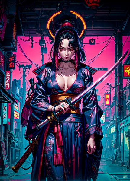 Samurai Girl Anime Japan Cyberpunk Stil von Ruzerin