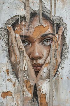 Portret van een vrouw in hout en beton van Digitale Schilderijen