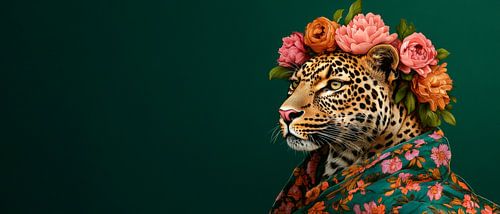 Prachtig luipaard met bloemenkroon