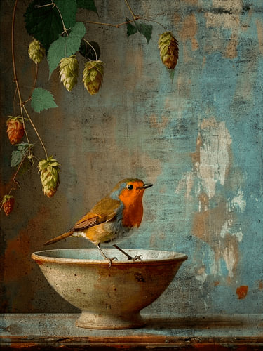 Nature morte vintage représentant un rouge-gorge sur un plat en faïence