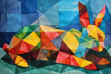 Abstract kleurrijk konijn in kubistische stijl van De Muurdecoratie