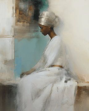 Modern portret van een Afrikaanse vrouw in aardetinten met een vleugje goud, zilver en groen van Carla Van Iersel