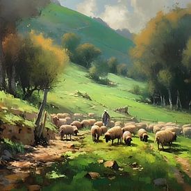 Herder met kudde schapen van FJB