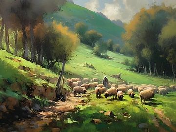 Herder met kudde schapen van FJB