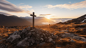 Kreuz auf dem Gipfel der Berg Alpen mit Sonnenuntergang