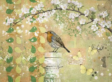 Spring feeling - robin on stone pedestal by Emiel de Lange