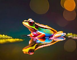Frog in pond with reflection