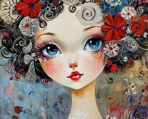 Flower girl | Girl with big eyes by Eye catching paintings