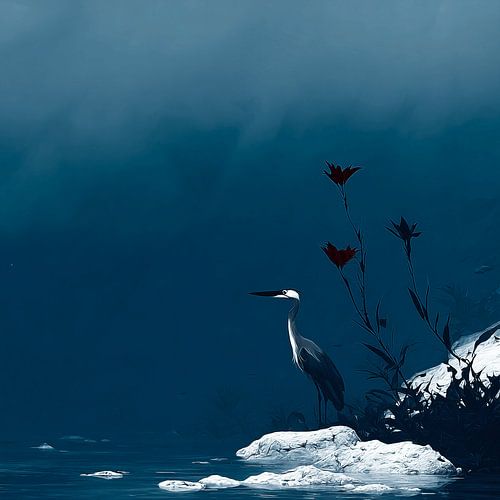 Le héron dans le silence bleu de l'hiver | Là où le froid et la solitude se tiennent chuchotés