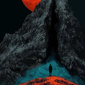 Silhouette solitaire sous une lune de sang géante | Surreal Dark Fantasy Canyon Art sur Artivisual