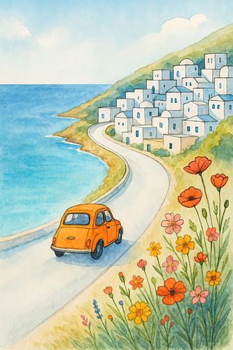 Zomerse roadtrip aan zee (AI) (blauw, witte, huizen, oranje, auto, vakantiegevoel, vrolijk, cartoon, kustweg, avontuurlijk, reizen)