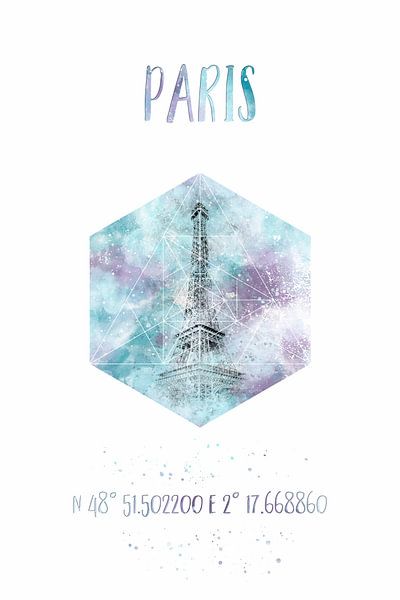Coördinaten PARIS Eiffeltoren | Waterverf van Melanie Viola