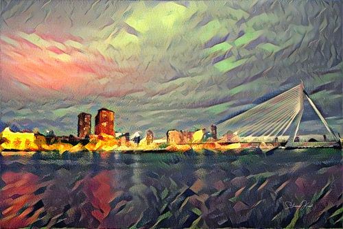 Kleurrijk schilderij Rotterdam: Nieuwe Maas Rotterdam met Erasmusbrug
