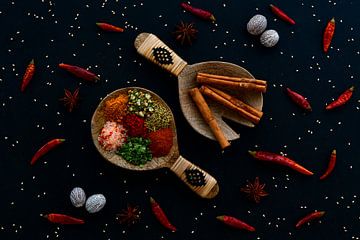 Herbs and spices on wooden spoons by Francis Dost