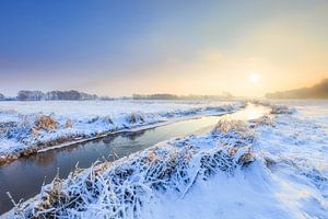 Winterlandschaft am Oostervoortsche tief bei Norg in Drenthe bei Sonnenaufgang