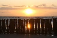 golfbrekers op het strand van westkapelle met zonsondergang van Frans Versteden thumbnail