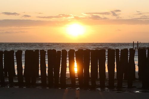 golfbrekers op het strand van westkapelle met zonsondergang