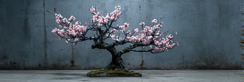 Bonsai met roze bloesem op betonnen vloer stilleven panorama