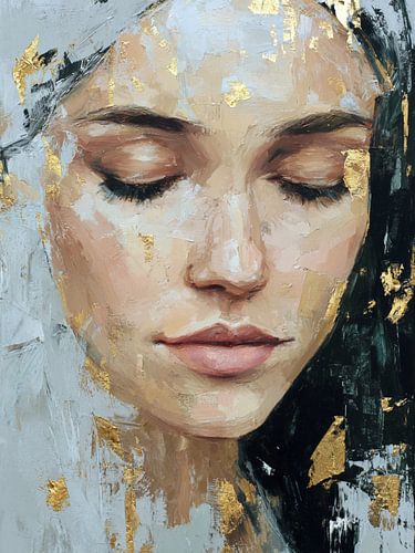 Modern Vrouwelijk Portret met Goudaccenten – Stijlvolle Kunst