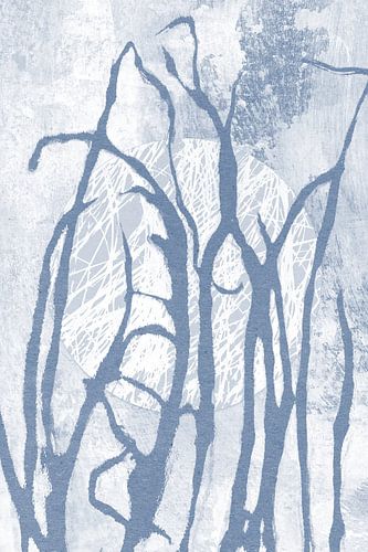 Ikigai.  Blauw gras en maan. Abstracte minimalistische Zen kunst. Japandi stijl V