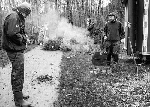 black-and-white photo of smoke in the forest