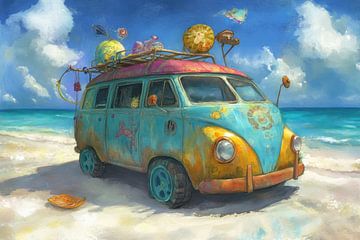 Schilderij met de legendarische hippie bus van Volkswagen van Peter Pen tekeningen en schilderijen