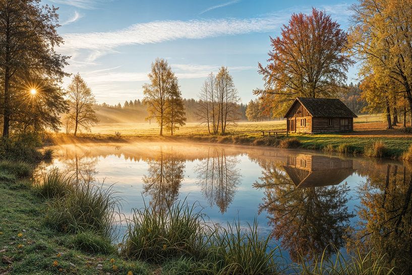 Pond Reflecting Trees and Cabin in Autumn Landscape by Markus Gann
