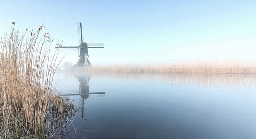 Molen in de mist tijdens zonsopkomst