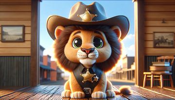 De jonge leeuw van de sheriff bewaakt het westernstadje van artefacti