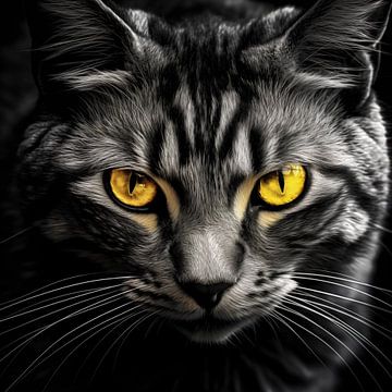 Chat tigré noir et blanc avec des yeux jaunes brillants sur YArt