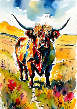 Hoogland koe aquarel van MIROKKU
