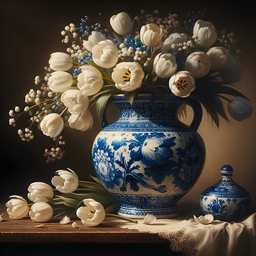Stilleven; Delftsblauwe vaas met tulpen